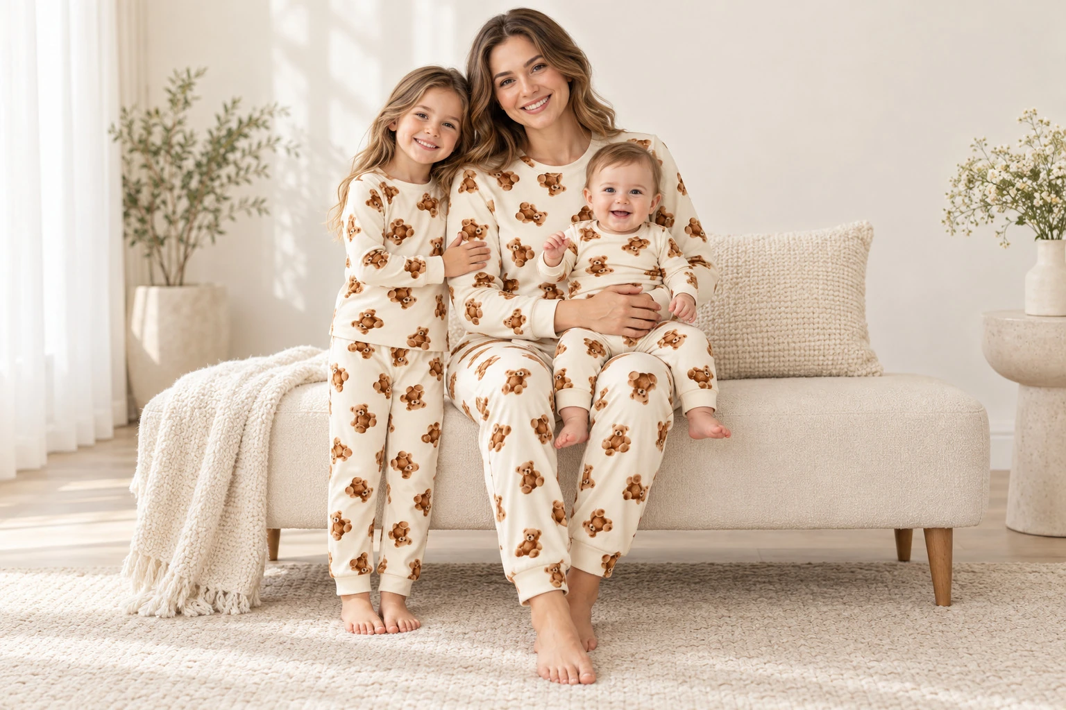 Coordinated family sleepwear in a warm autumn print