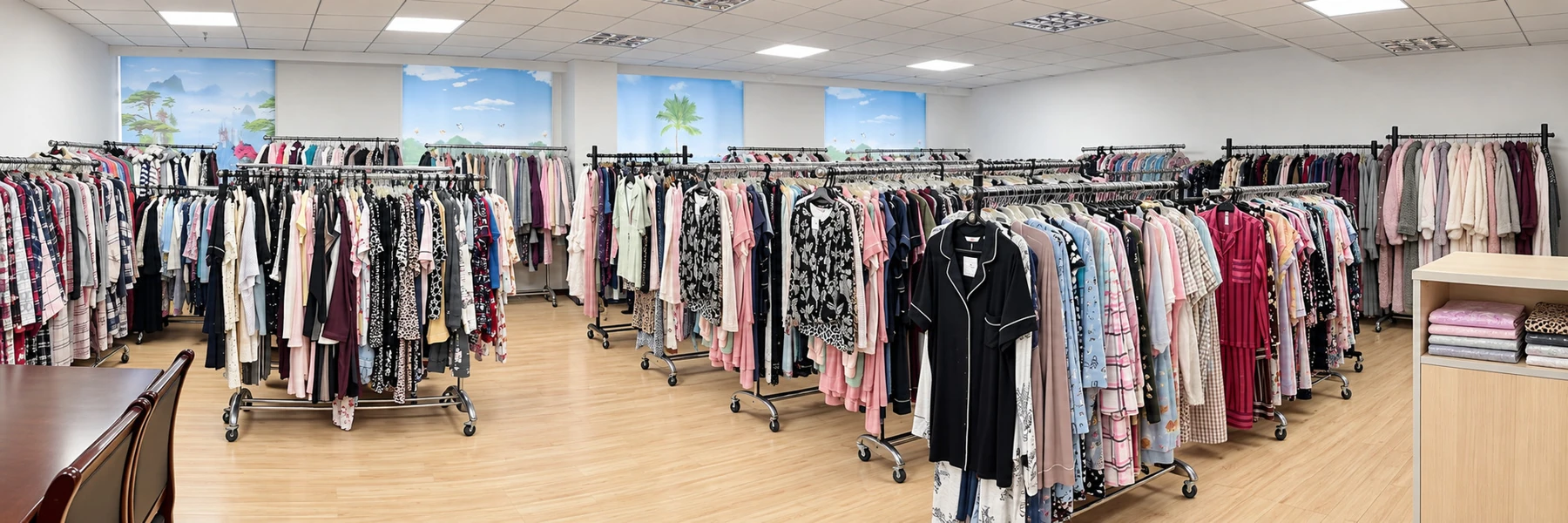 Panoramic view of Kailia’s showroom and sample garments